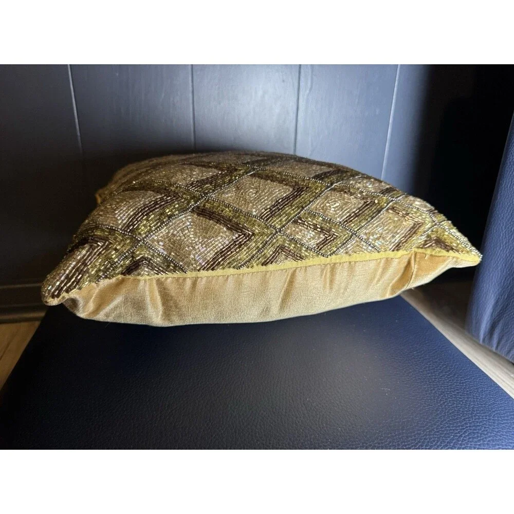 Set of 2 Pier 1 Gold Beaded Accent Throw Pillows 12x12 Geometric Diamond